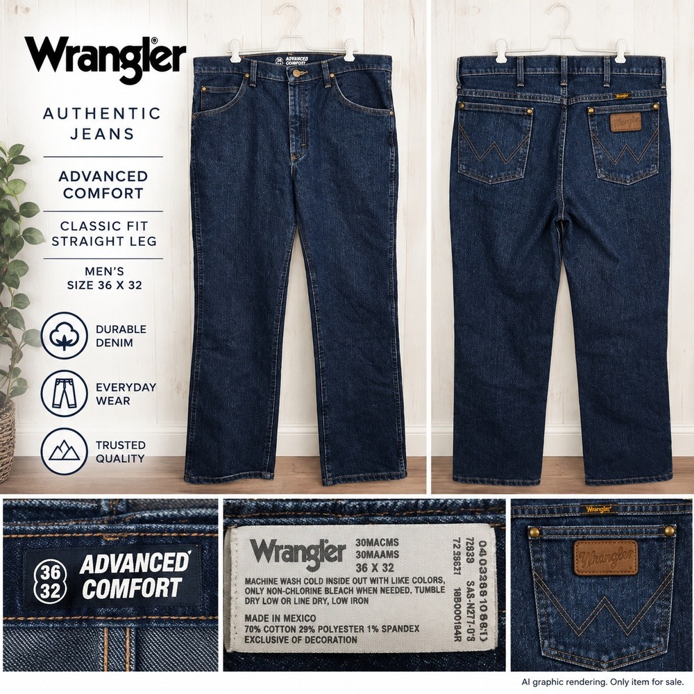 Wrangler 36x32 Advanced Comfort Jeans Dark Blue Straight Leg Denim Western Work